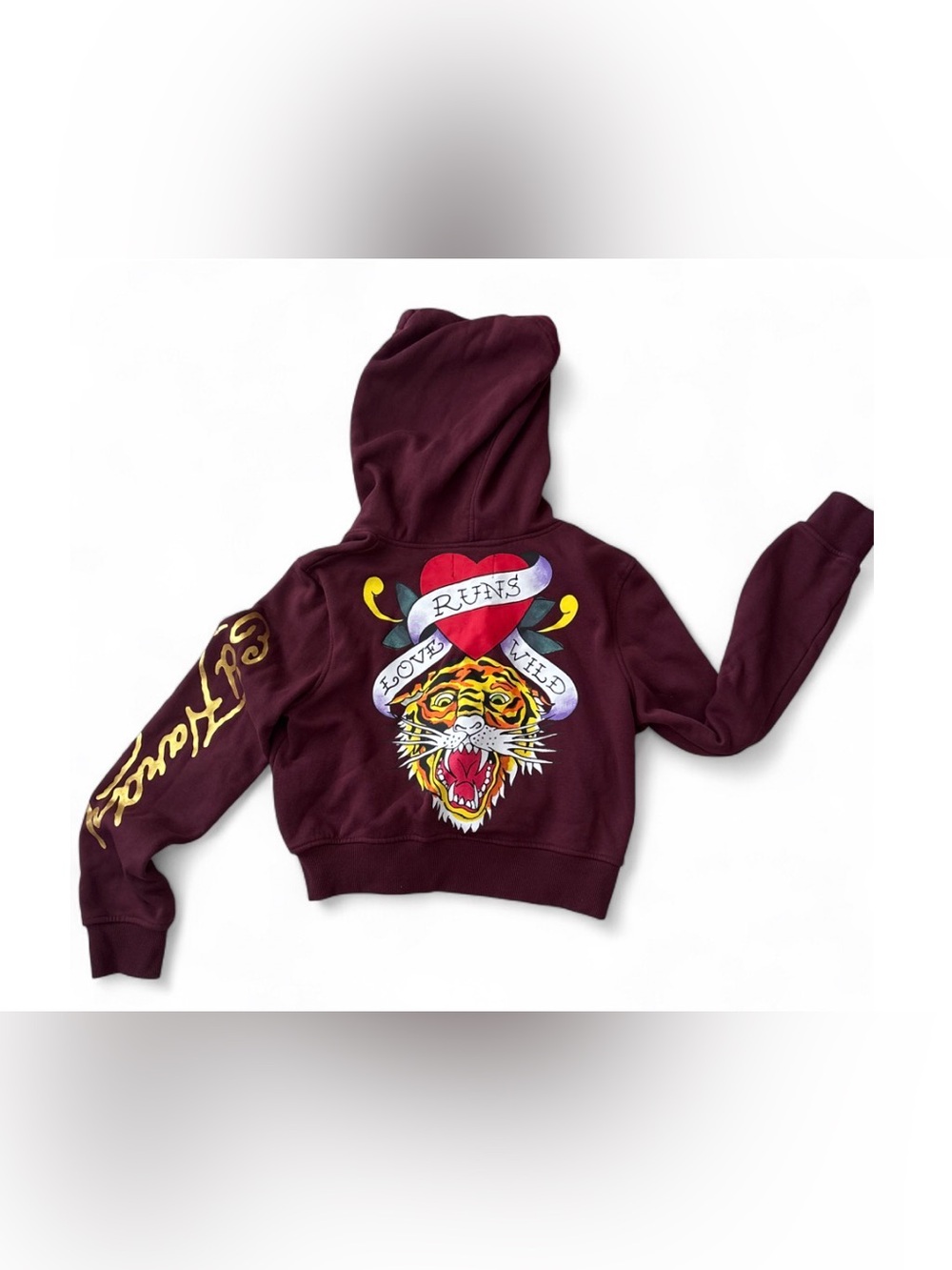 Ed Hardy Maroon Hoodie with Tiger & Heart Back Graphic